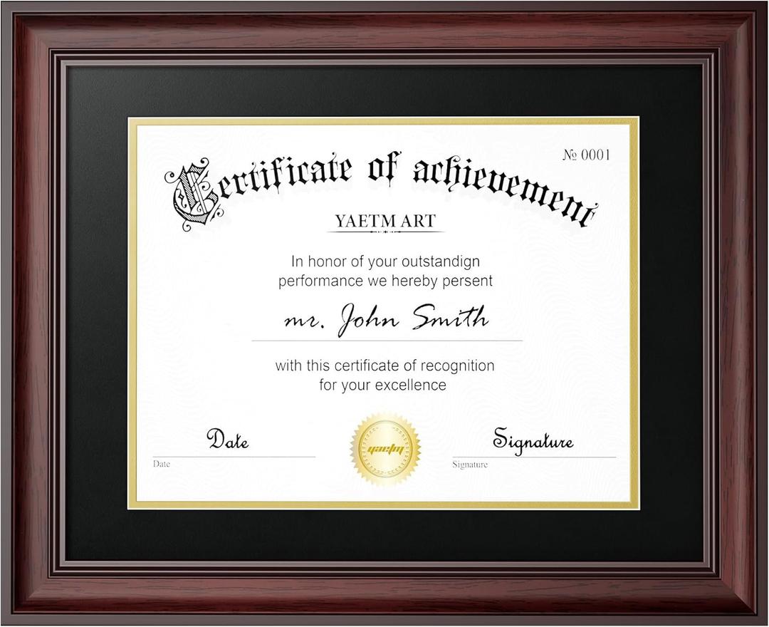 Yaetm 11x14 Diploma Frame, Certificate Frame with Tempered Glass, Display 8.5x11 Document with Black Over Gold Acid-free Mat or 11 x 14 without Mat, Wide Molding (Single, Mahogany) Yaetm 11x14 Diploma Frame, Certificate Frame with Tempered Glass, Display 8.5x11 Document with Black Over Gold Acid-free Mat or 11 x 14 without Mat, Wide Molding (Single, Mahogany)