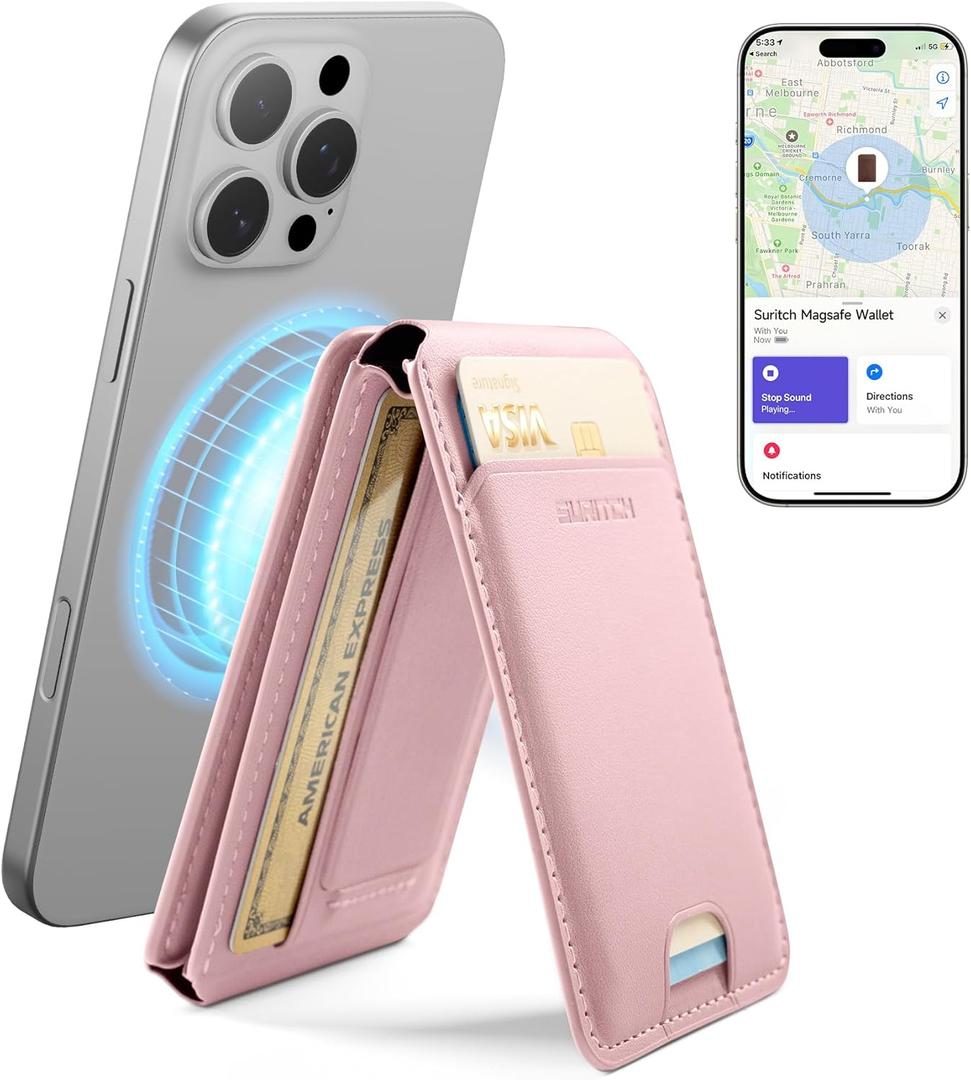 SURITCH for MagSafe Wallet with Find My Functionality, NFC Supported Card Holder with RFID Blocking, Magnetic Wallet with Adjustable Stand Selfie Stick for iPhone 17/16/15/14/13/12 Series, Pink