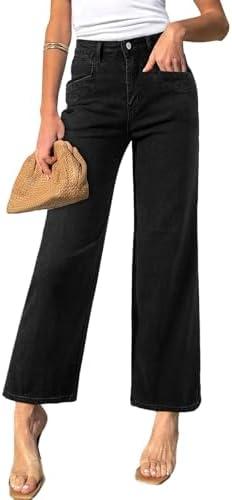 Sidefeel Women's Wide Leg Jeans High Waisted Stretchy Jeans Straight Leg Zimbaplatinum Ankle Denim Pants with Slant Pockets Size 2