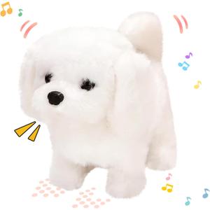 Hopearl Walking Dog Bichon Interactive Electronic Pet Plush Toy Puppy Woof and Moving Animated Nodding Head Gifts for Toddlers Birthday, White, 7''