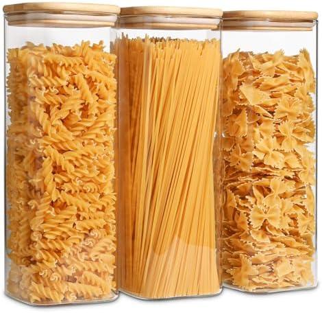 ComSaf Glass Spaghetti Pasta Storage Containers with Lids 2.2 Qt Set of 3, Tall Clear Airtight Food Storage Jar with Lid for Noodles Flour Oat Cereal Sugar Beans, Sqaure Spaghetti Pantry Containers