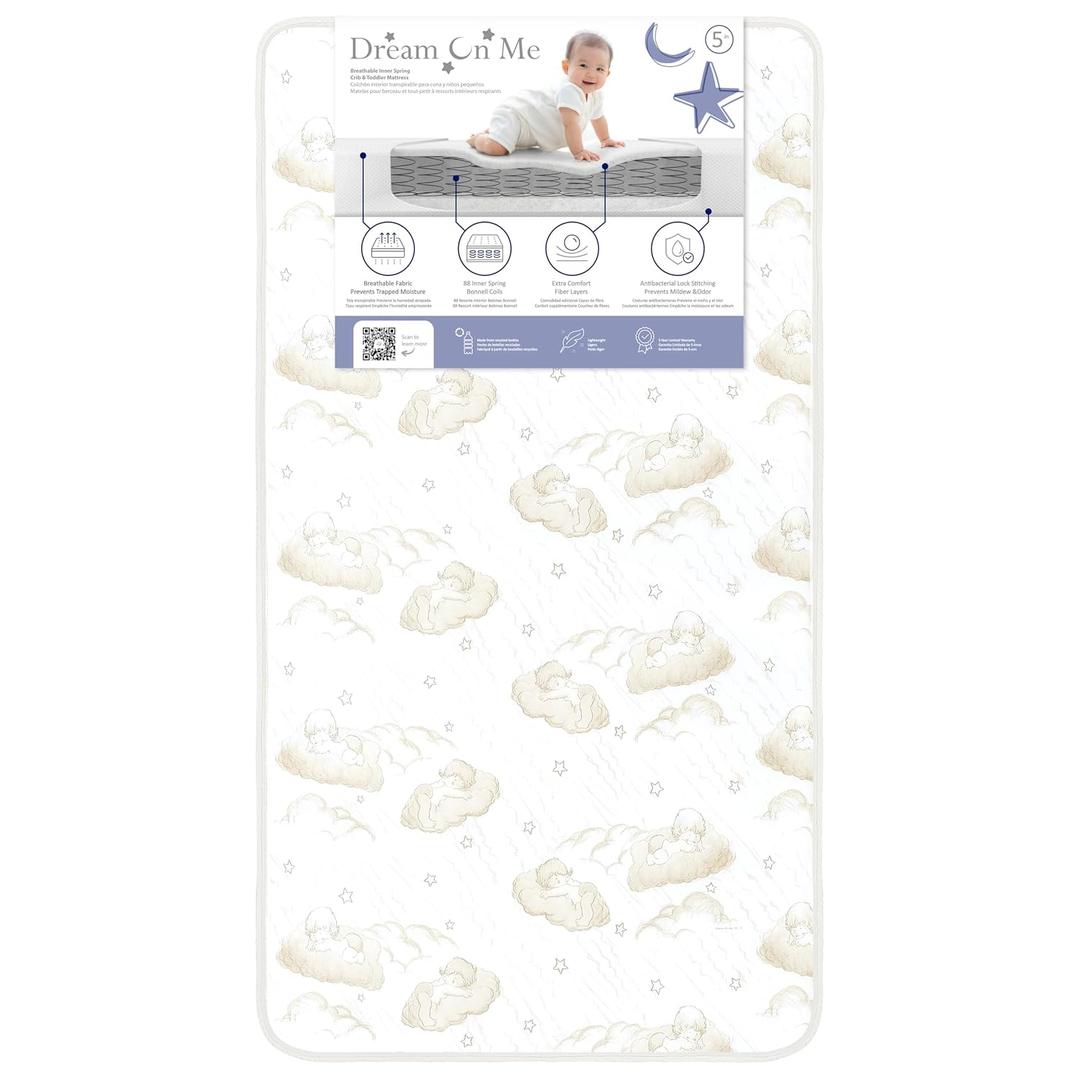 Dream On Me Twilight 5” 2-in-1 Breathable Spring Coil Crib & Toddler Mattress – Firm Infant Side & Plush Toddler Side, Reversible Design, Waterproof Vinyl Cover, GREENGUARD Gold & BSA Certified