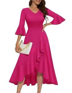 HomRain Women's Formal Dresses 3/ 4 Sleeve Cocktail Dress Vintage Ruffle V-Neck Wedding Guest Casual for Gown Evening Party Rose XL