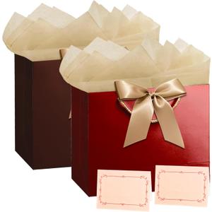 PrintGuru 13 Large Gift Bag with Tissue Paper and Greeting Card, Birthday Gift Bag with Handles and Bow Ribbon for Birthday Party Wedding Bridal Shower Gifts, 13W x 10.2 H x 4.9D (Glossy Red and Glossy Brown, 2 Pack)