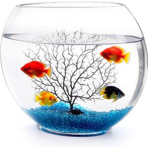 Okllen Mini Glass Fish Bowl, Oblate Small Fish Tank with Blue Aquarium Decor Sands, and Plastic Coral Branch Tree Ornament for Betta Fish Aquarium, 1 Gallon