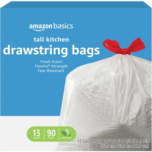Amazon Basics Flextra Strength Tall Kitchen Drawstring Trash Bags, Fresh Scent, Tear Resistant, 13 Gallon, 90 Count