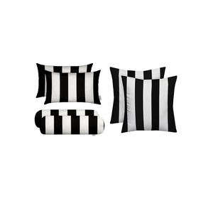 RSH DECOR: 6-Pack Pillow Set | All-Weather Spun Fabric | Water & Fade-Resistant | 17" Square, 20" x 12" Lumbar, 20" x 6" Neck Roll Pillows | Outdoor Pillows for Patio Furniture | Black & White Stripe