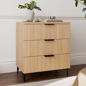 25.6" W Fluted Nightstand with 3 Drawer Dresser, Modern Wood Night Stands Bedside Table for Bedroom King/Queen Bed, End Table with Robot-Friendly Legs for Living Room,Entry (3 Drawers-1pcs-Natural), 29.53"H x 25.59"W x 13.78"D