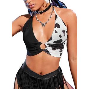 Women Western Cowgirl Crop Top - Country Concert Outfits Sexy Deep V Neck Cow Print Festival Rodeo Rave Tank Shirt, Size - XS