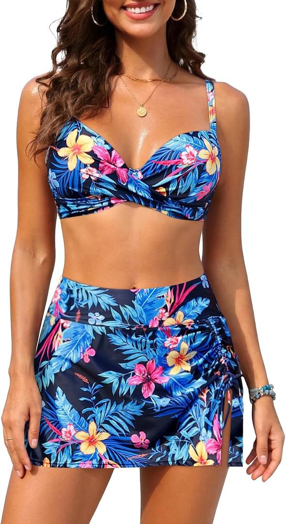 Yonique Womens Underwire Bikini with Skirt - Push Up Bathing Suit Two Piece High Waisted Swimsuit 2025 Swimwear Blue and Flower L