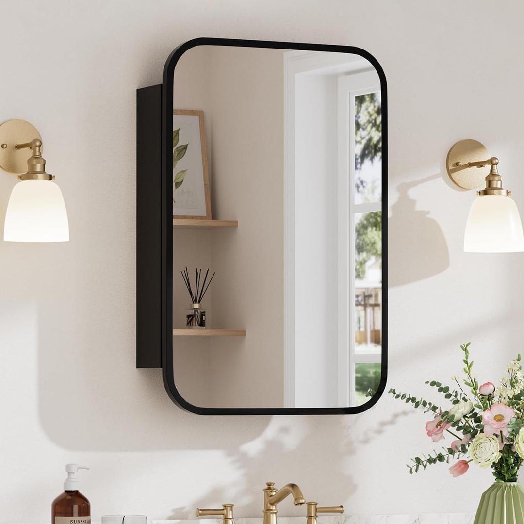 16x24 Inch Medicine Cabinet with Mirror, Rounded Corner, Black