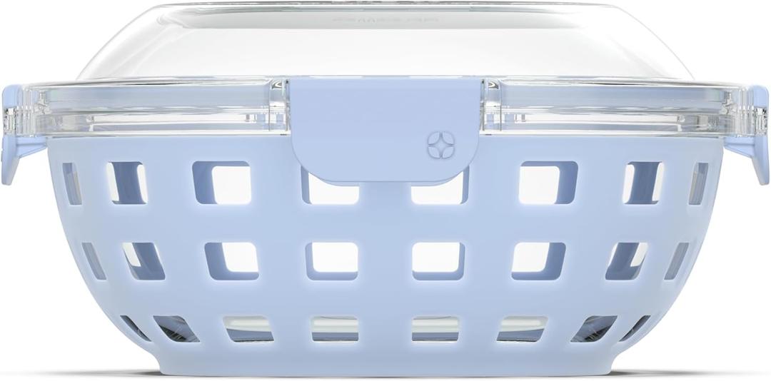 Ello Duraglass Meal Prep Container- Glass Food Storage Container with Silicone Sleeve and Airtight BPA-Free Plastic Lid, Dishwasher, Microwave, and Freezer Safe (5.5 cup, 5 Cup Halogen Blue)
