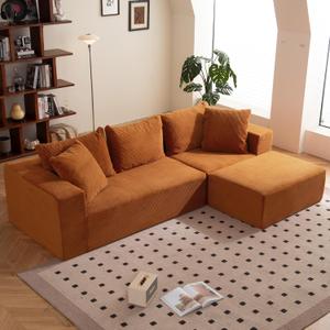 108" L-Shaped Boneless Couch, Modular Sectional Sofa with Moveable Ottoman, Corduroy Cloud Couches for Living Room, No Assembly, Ship in a Box, Burnt Orange