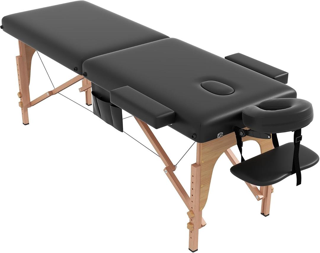 civama Massage Table Massage Bed Portable, 29 LBs Light Weight 2 Section Foldable Tattoo Bed Facial Care Spa Lash Bed Height Adjustable Sturdy Wooden Frame with Accessories Carrying Bag, Black, 1 Count