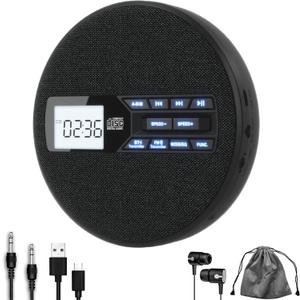 CD Player Portable, Rechargeable Portable CD Player with Dual Speakers and Anti Skip,CD,Dual Bluetooth,FM Transmission,USB,AUX,LCD Display,Backlit Button,Repeat,10 Speeds,Fabric Black