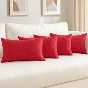 OTOSTAR Set of 4 Linen Decorative Throw Pillow Covers Solid Pillowcase Modern Farmhouse Cushion Covers for Home Decor Sofa Couch Bed 12x20 Inch Red