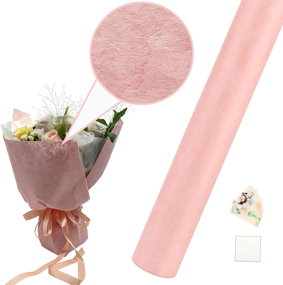 Gongzitem Matte Solid Color Flower Wrapping Paper with Watermark Texture 3D Touch,Pink Color Handcrafted Gift Flower Wrap Paper, 17 in x 18 Ft Roll with Packing Set for Birthday, Holiday, Wedding & More (GZ-23)