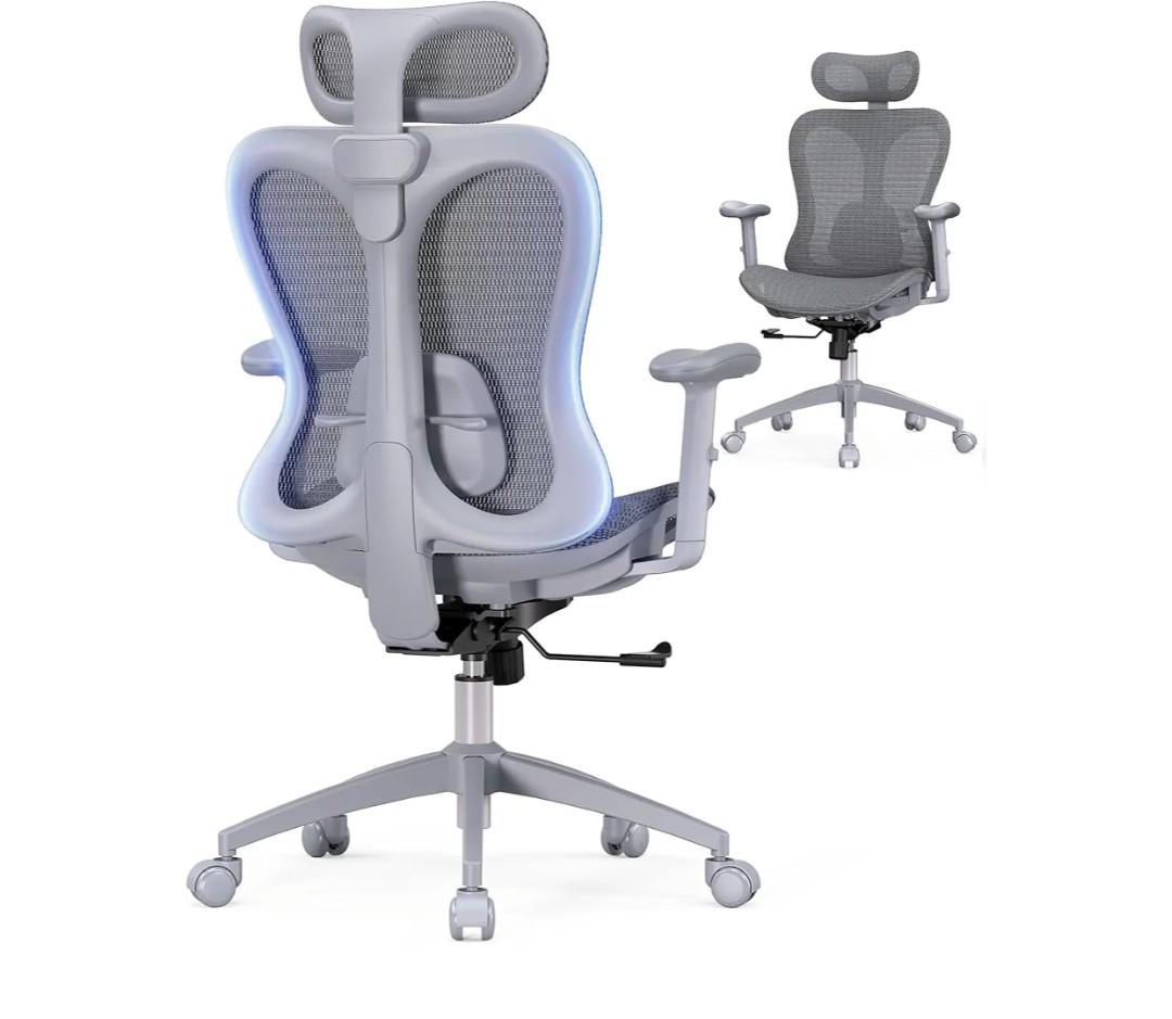 Ergonomic Office Desk Chair, Comfortable Computer Gaming Chair, Breathable Mesh Back & Seat, Adjustable Armrest & Headrest, Lumbar Support, Butterfly Design for Home Office (Gray)