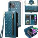 Phone Case for iPhone 14 6.1 inch Zipper Wallet Detachable Magnetic Cell Cover with Screen Protector Crossbody Lanyard Strap Bling Glitter Flip Credit iPhone14 5G i i-Phone i14 14Case Women Dark Green