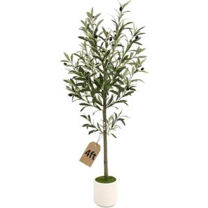 4ft Spherical Fake Olive Tree Artificial Indoor,Faux Olive Tree with Pot,Large Olive Branches and Lifelike Fruits,for Home Office House Living Room Decor.