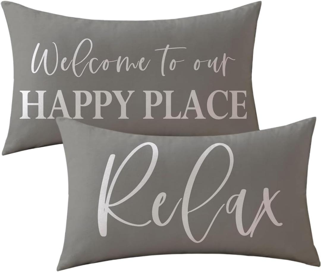 ULOVE LOVE YOURSELF Welcome to Our Happy Place Decorative Pillowcases 12x20Inch Home Relax Cushion Covers Modern Farmhouse Decor Cozy Lumbar Throw Pillow Cover 2Pack for Sofa Couch (Grey)