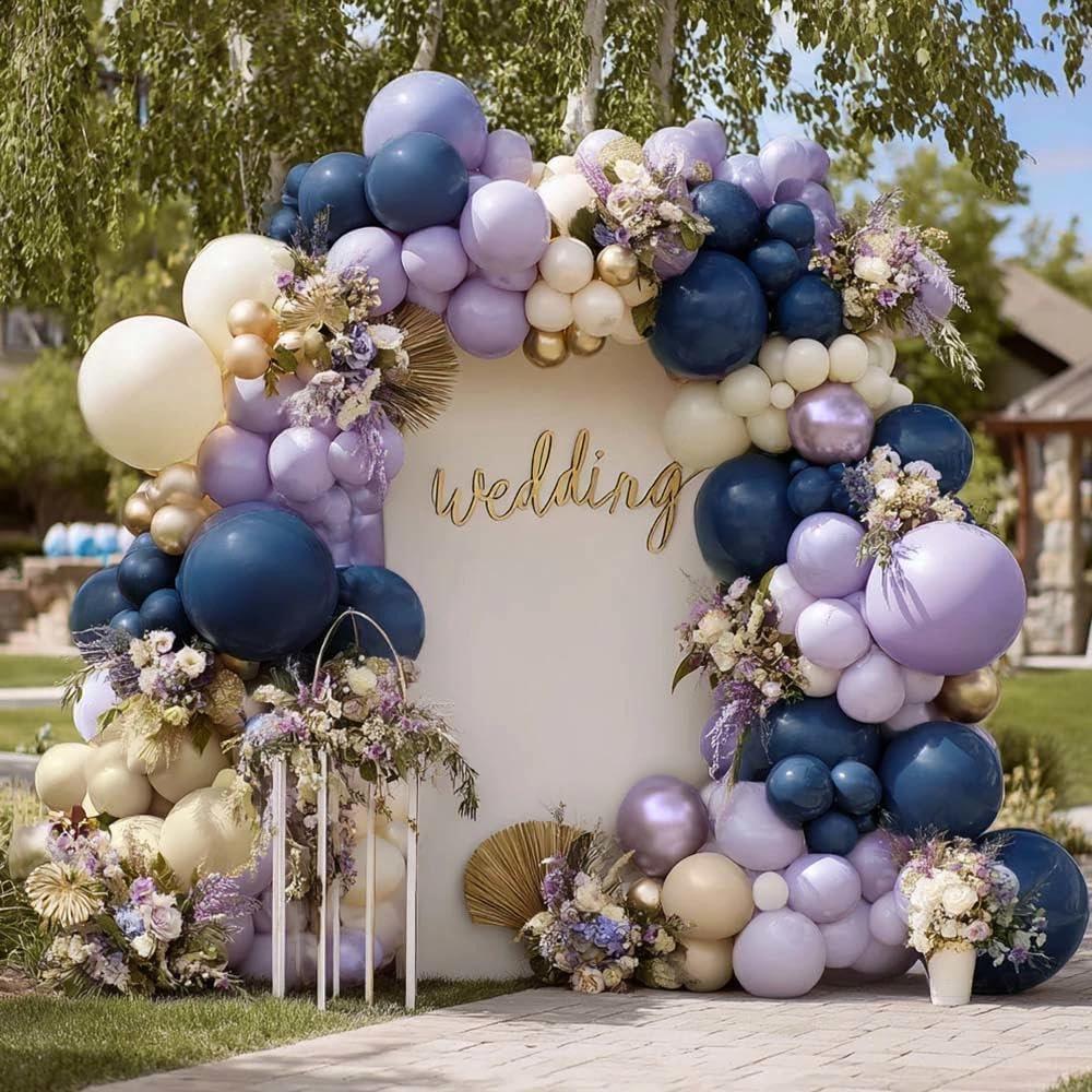 Navy Blue Purple Balloon Arch Double Stuffed, Dark Blue Pastel Lavender White Sand Ivory Balloon Garland Kit with Clear Bobo Metallic Lilac Latex for Baby Shower Wedding Birthday Valentine Party Decor
