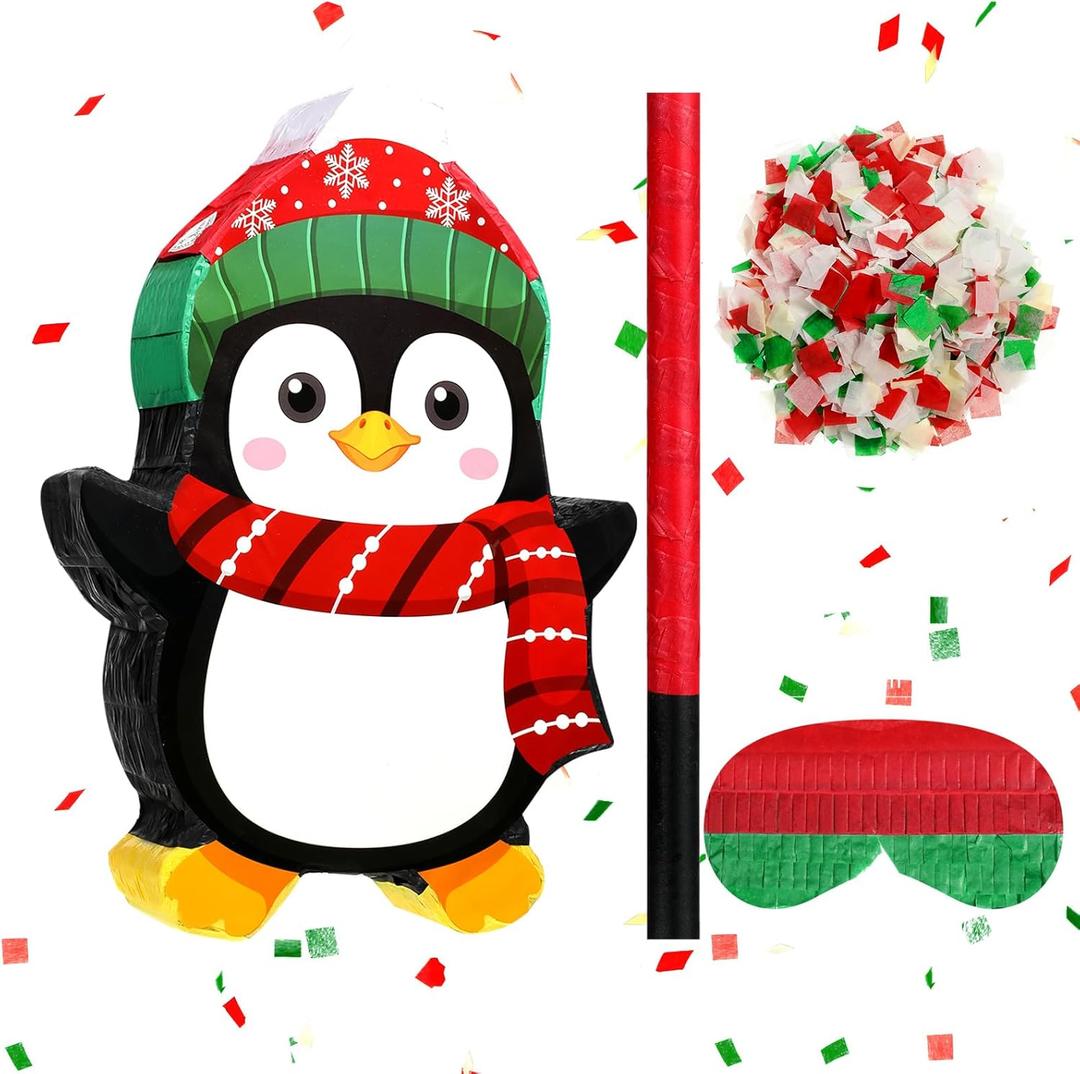 Christmas Penguin Piata 16 Inch Christmas Mexican Piata with Stick Blindfold and Confetti Pack Bundle for Xmas Birthday Holiday Game Favors Photo Prop Decoration