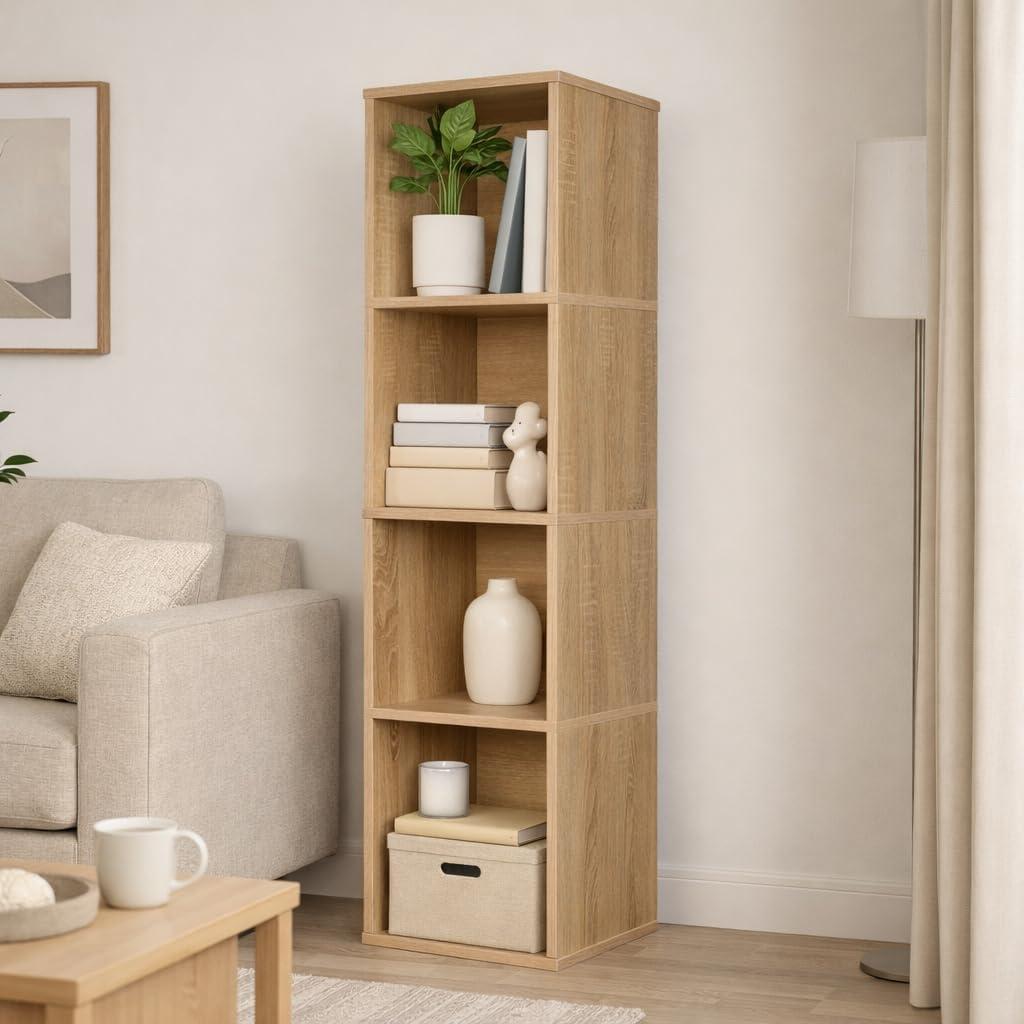 4 Cube Storage Organizer Wooden Bookshelf, 4 Cube Shelf Bookcase, Small Bookshelf Storage Organizer, Narrow Cube Storage Shelf for Bedroom, Small Bookshelf for Living Room and Office (4 Cube)