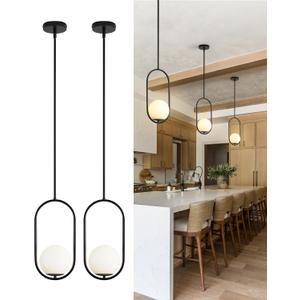 Yunnix Pendant Lights Kitchen Island, Pendant Light Fixtures, 2 Pack Modern Black Globe Glass Pendant Lighting, Mid Century Chandelier One Light for Bathroom Bedroom Dining Room