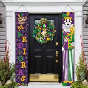 Mardi Gras Door Banner Porch Signs Decoration New Orleans Front Door Wreath Welcome Banner Hanging Decoration Yard Sign for Indoor/Outdoor Carnival (Red)