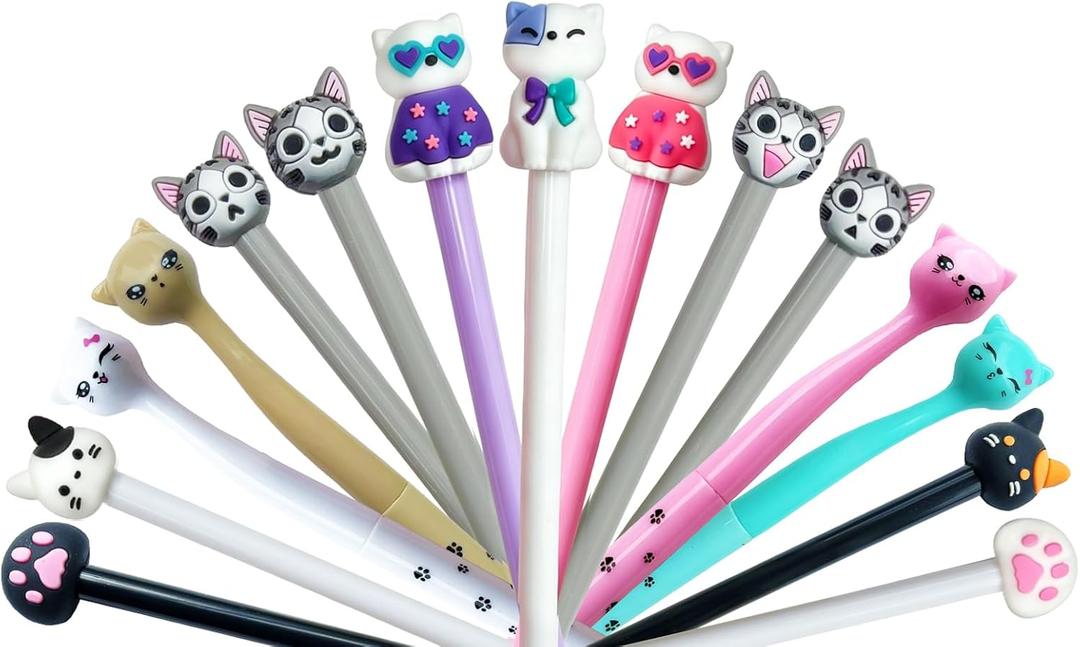 15 Cat Pens, Funny Kawaii Black Writing Pens with Different Cute Shapes, The Best Gift for Cat Lovers