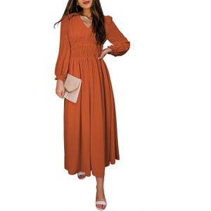 BLENCOT Womens Casual Long Sleeve Tiered V Neck Dress Pleat Ruched Ruffled Dress Solid Color Flowy Swing Midi Long Dresses (Red, S)