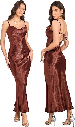 Atnlewhi Womens Spaghetti Strap Satin Silk Cowl Neck Backless Maxi Dress Tie Low Back Wedding Guest Cocktail Dresses XL, Brown