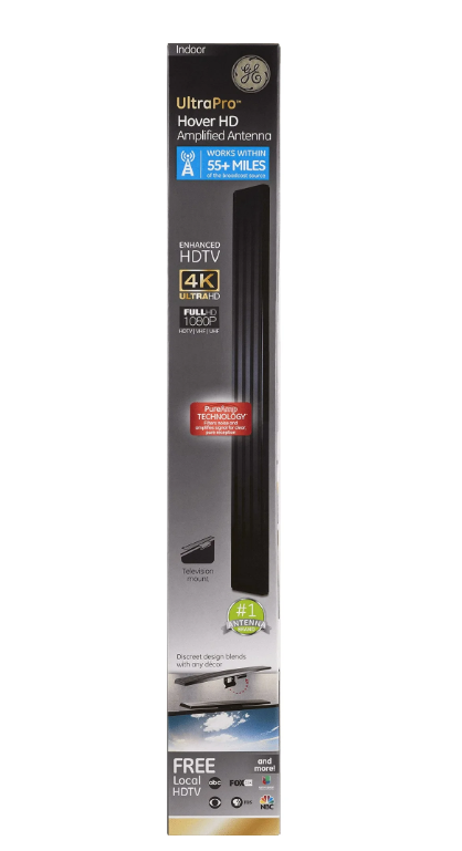 General Electric Hover Amplified Indoor HDTV Antenna, 55-mile Range, VHF 1080P 4K, Black, 37075