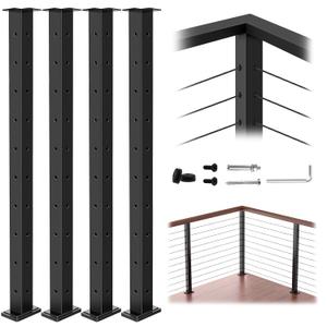 4Pack 36" T304 L-drilled Cable Railing Corner Post(Post 35"x2"x2"), Wire Railing Post with Cable Grommets, Fixed Top Mount Stainless Steel Black Finish Deck Staircase Post