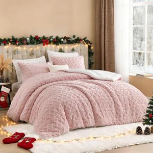 Andency Fluffy Sherpa King Comforter Set, Super Soft Blush Fleece Warm Bedding for Winter, Luxury Jacquard Boho Thick Fuzzy Plush Bed Set 3 Pieces(1 Shaggy Comforter, 2 Pillowcases), Blush