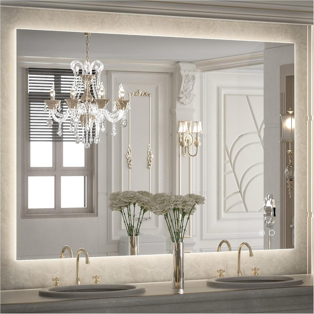 Keonjinn Backlit Mirror 40 x 32 Inch LED Mirror Bathroom Vanity Mirror with Lights 3-Color Warm/Natural/White High Lumens 6418LM, Anti-Fog Wall Mounted Dimmable Lighted Makeup Mirror