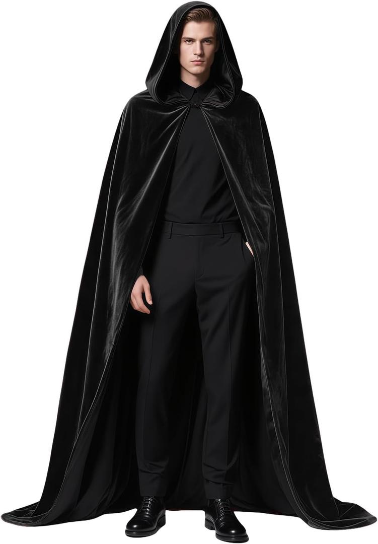 Reversible Cloak Cape with Hood Velvet Satin Witch Gothic Vampire Halloween Cosplay Costumes (Black, S)