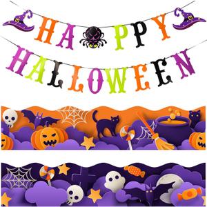 Fuutreo 68.9 ft Halloween Bulletin Board Border Decoration Happy Halloween Banner Pumpkin Ghost Skeleton Bat Wavy Curled Trim Bulletin Board Stickers for School Classroom Home Office Wall Party Decor