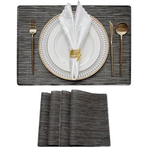 2 x Vinyl Placemats Set of 4, Easy Clean Woven Vinyl Placemats for Dining Table, Indoor/Outdoor Place Mats, Washable PVC Table Mats, Black, 4Pcs
