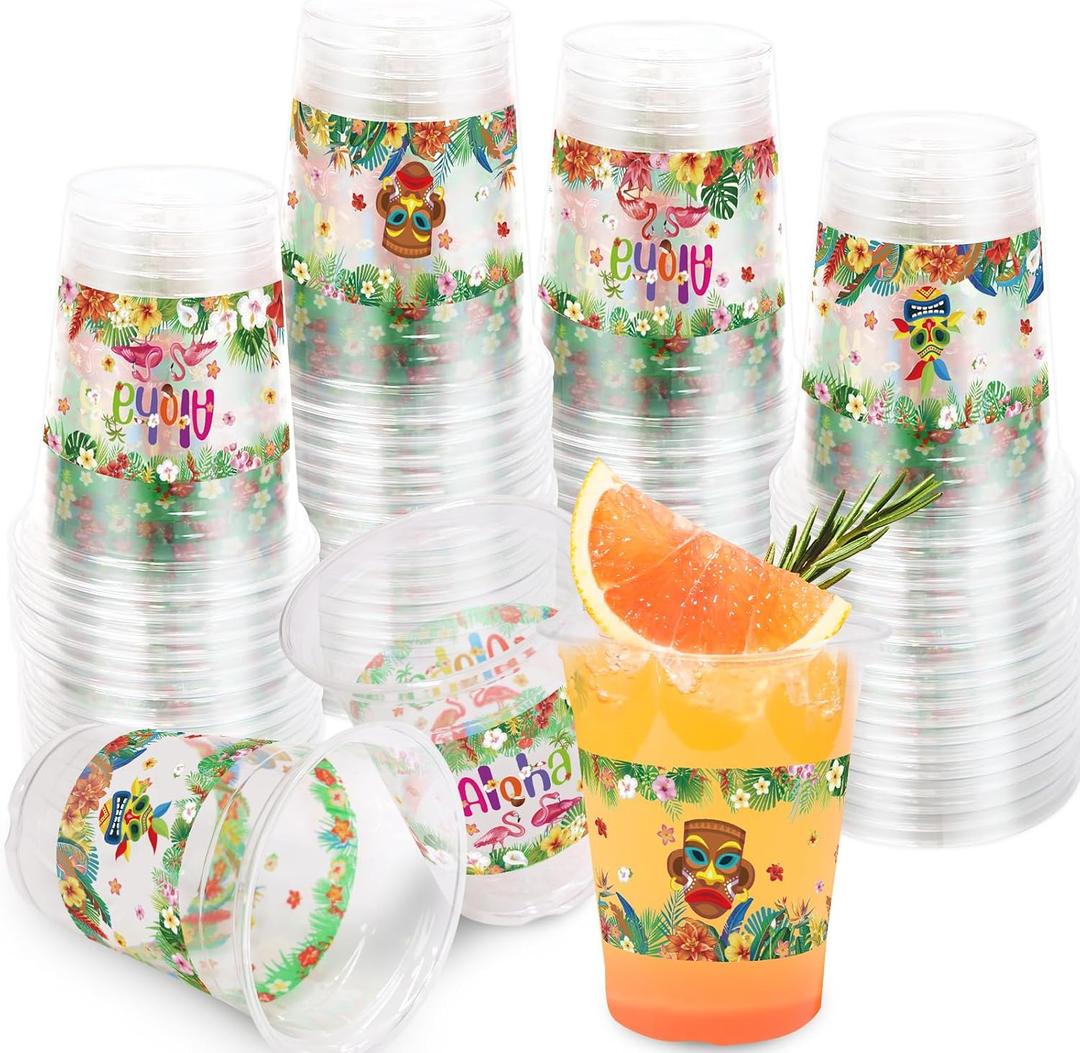 WorldBazaar 100 Pack Hawaiian Luau Plastic Cups 12oz Summer Tiki Disposable Party Drink Cups Tropical Beach Pool BBQ Birthday Christmas Party Supplies, 4 inches x 3.7 inches