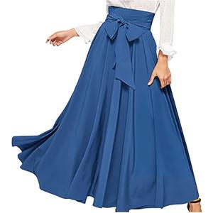 Women's Elegant High Waist Maxi Skirt Tie Front Pleated A-Line Skirts Loose Fit Flowy Dressy Skirt Summer Maxi Skirt Large, Light Blue 