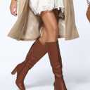 Coutgo Women's Chunky Heeled Knee High Boots Classic Leather Square Toe Zippered Tall Boot (Brown)