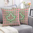 Sorority Gifts Throw Pillow Covers 18x18 Inch Pink Green Plaid Leaves Decorative Pillow Cases for Women Girls Couch Bed Office Bedroom Decor Square Velvet Throw Pillow Cover (1908)