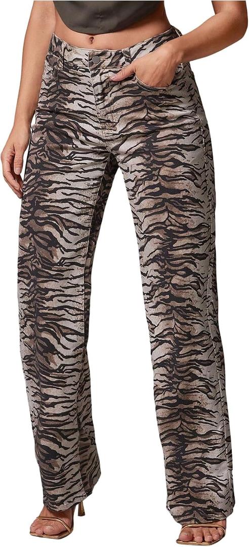 WDIRARA Women's Zebra Print Jeans Low Rise Straight Leg Hip Hop Y2k Denim Pants, 26