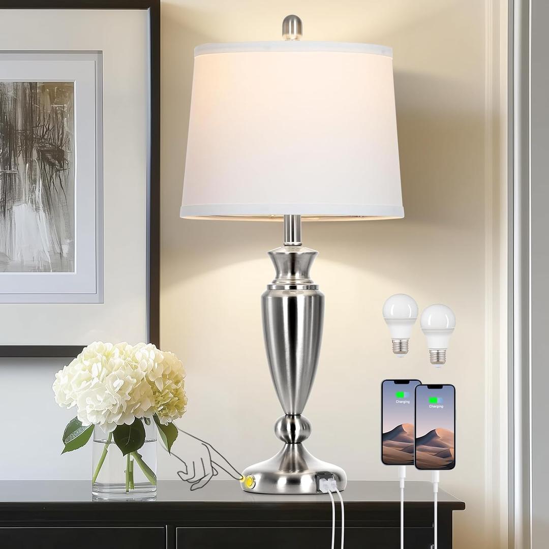 Rinweey 27" Silver Table Lamps for Living Room Single, 3 Way Touch Control Bedside Lamps with USB A+C Ports, Modern Brushed Nickel Bedroom Lamp, Metal Tall Lamp for Nightstand Desk Side Table Office