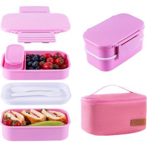Lunchneo bento box for adults, separate for men and women, set of utensils and dipping containers, cute Japanese bento box, microwave heatable(Pink)