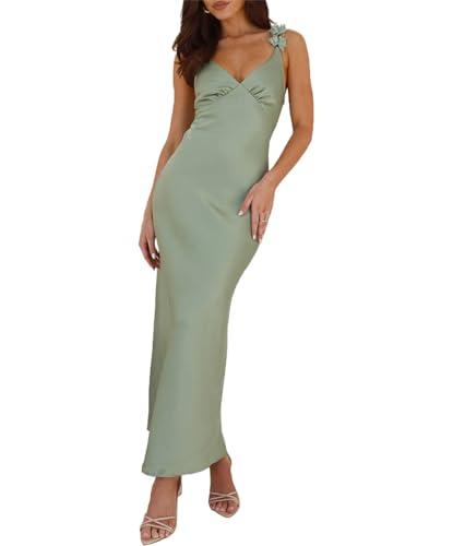 Phicia Summer Satin Spaghetti Strap V Neck Midi Dresses for Women Wedding Guest Elegant Flower Backless Cocktail Formal Dress (Sage, Medium)