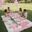 Beeveer 91 x 71 Extra Large Outdoor Boho Picnic Blanket with Pink Table Runner, 6 Throw Pillow Covers 6 Napkins Woven Cotton Yarn Oversize Beach Blanket Washable Picnic Camp Wedding