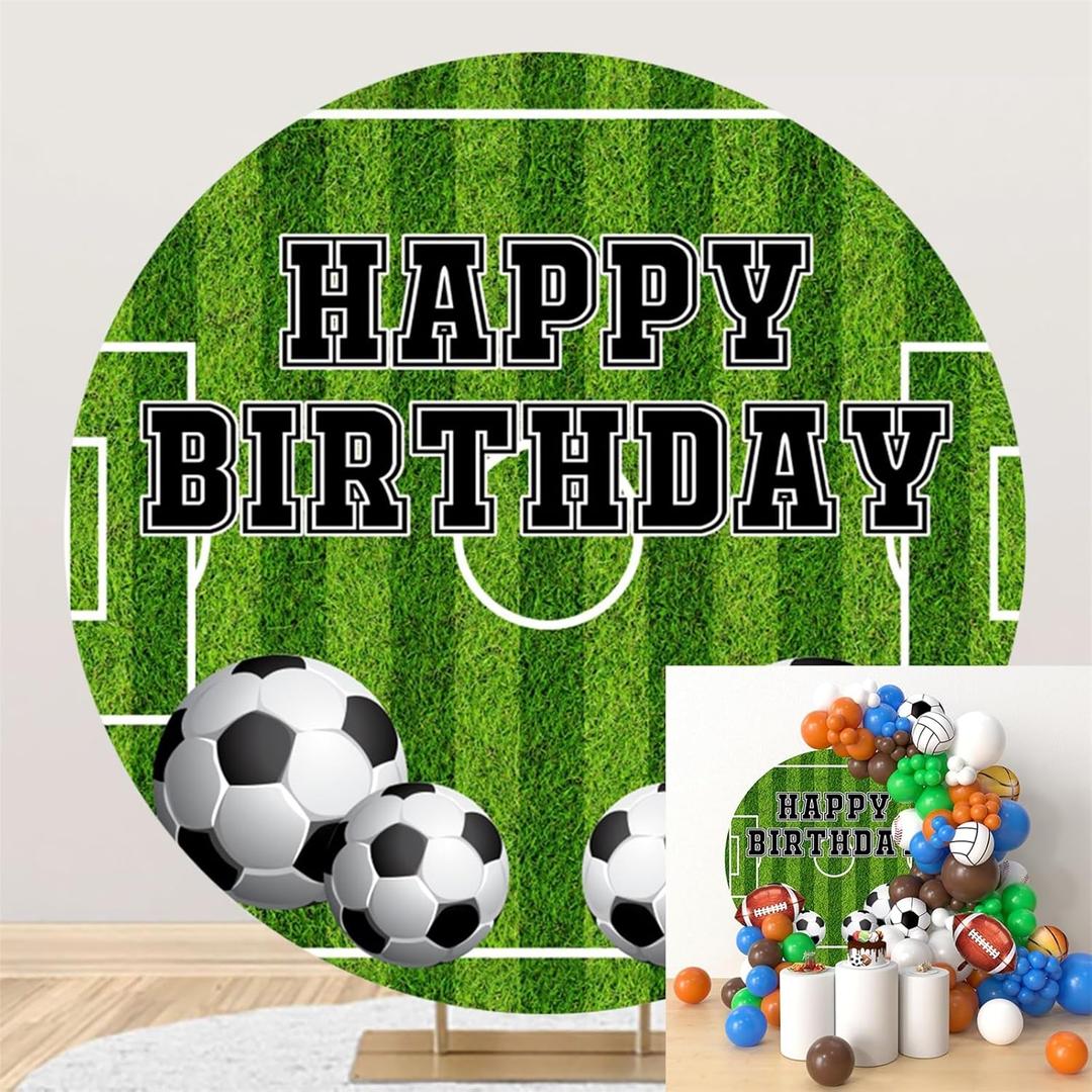 Polyester Diameter 7.5ft Happy Birthday Round Backdrop Soccer Theme Soccer Stadium Soccer Photo Background Football Fans Soccer Lovers Birthday Party Baby Shower Decoration